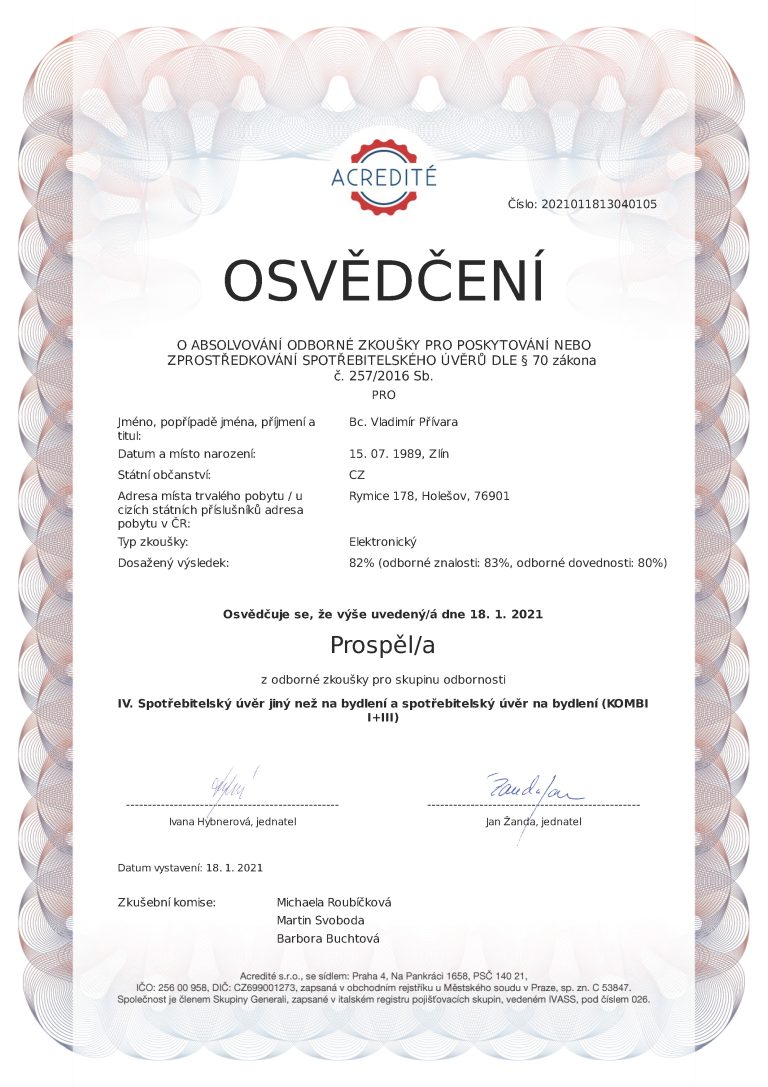 Certifikát úvěry