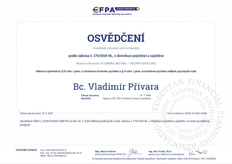 Certifikát o distribuci pojištění a zajištění